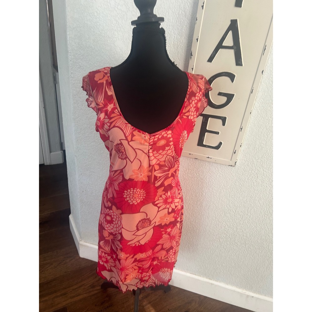 Y2K Xhilaration Red Pink Floral Mesh Overlay V-Neck Lettuce Edge Dress Size M